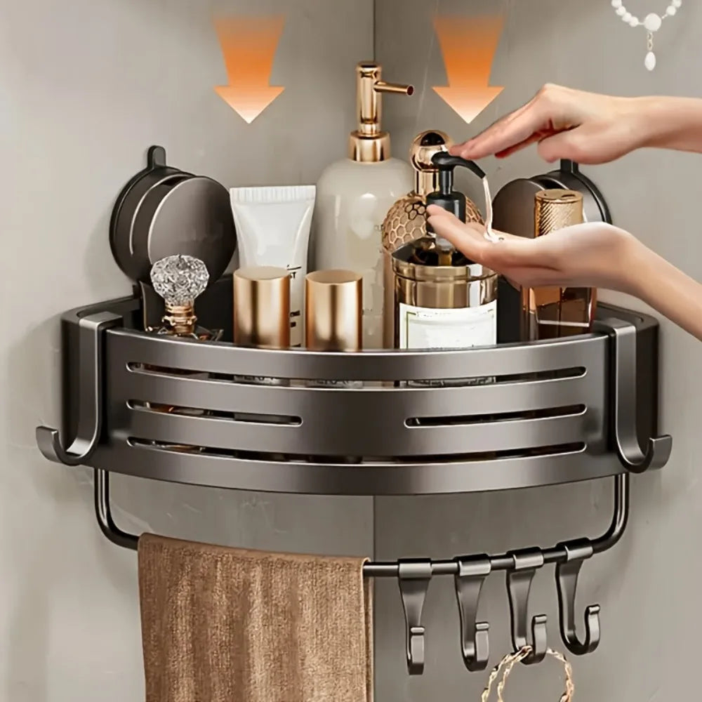 Triangular Bathroom Storage Shelf holding various bathroom products with hooks for towels. Enhances storage and accessibility in compact spaces.