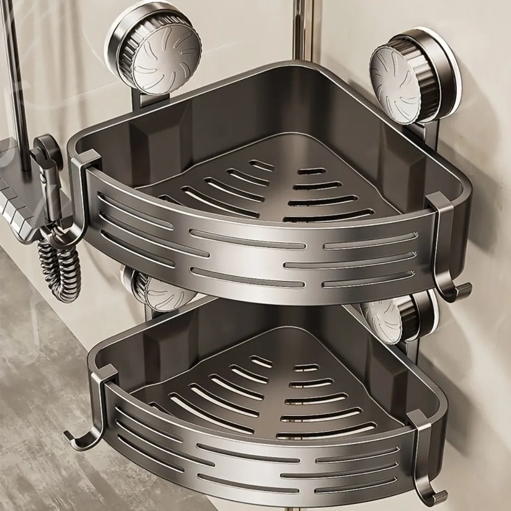 Double-layer Triangular Bathroom Storage Shelf mounted in a shower corner. Provides ample space for organizing toiletries efficiently.