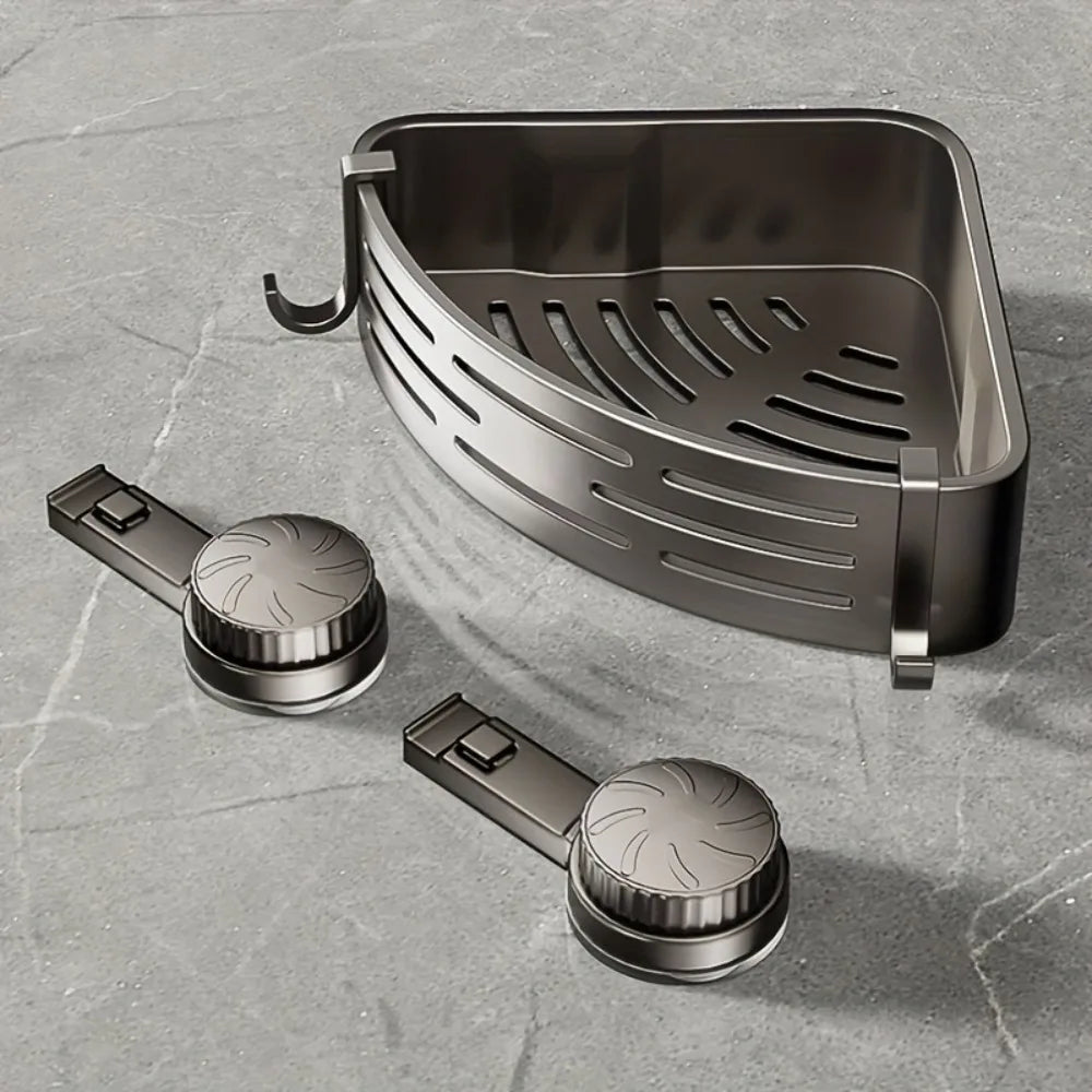 Disassembled Triangular Bathroom Storage Shelf with suction cup components laid out. Easy to install and ideal for non-drill bathroom organization.