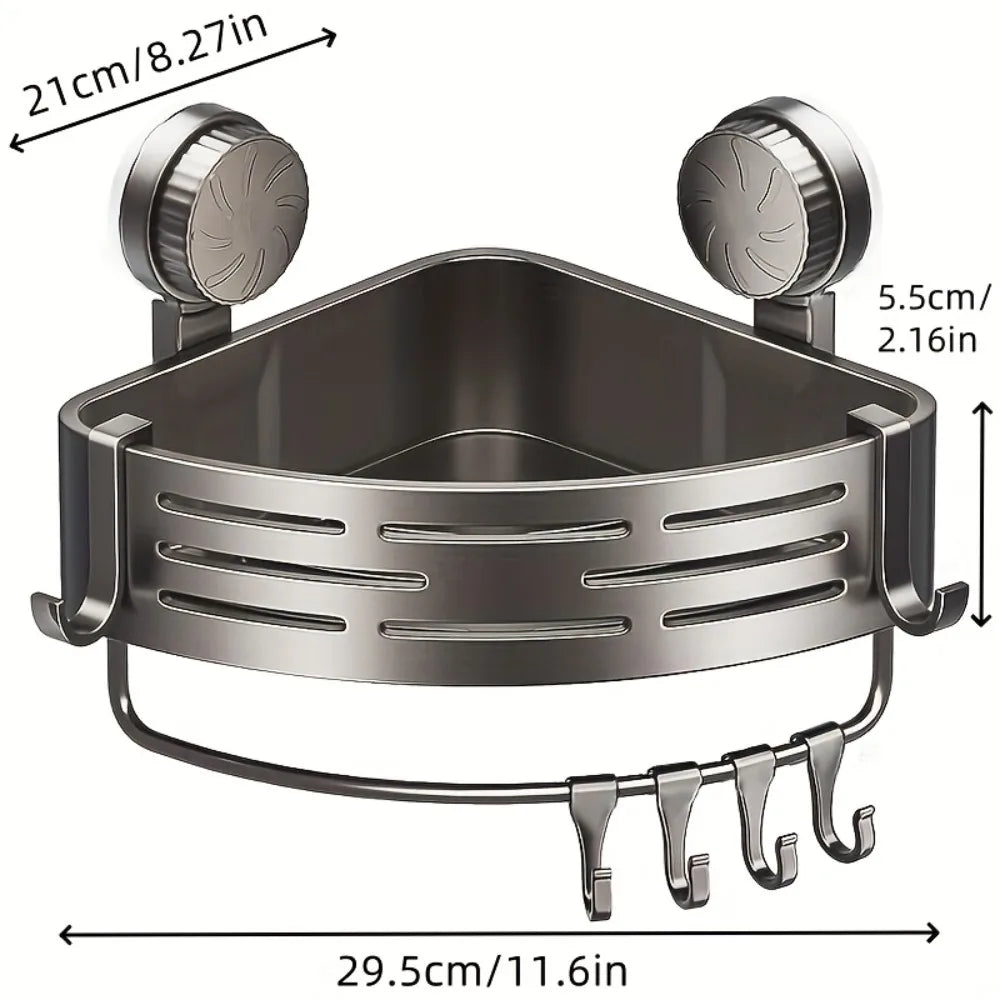 Triangular Bathroom Storage Shelf with suction cups and hooks shown with precise measurements. Designed for easy wall mounting in bathroom corners.